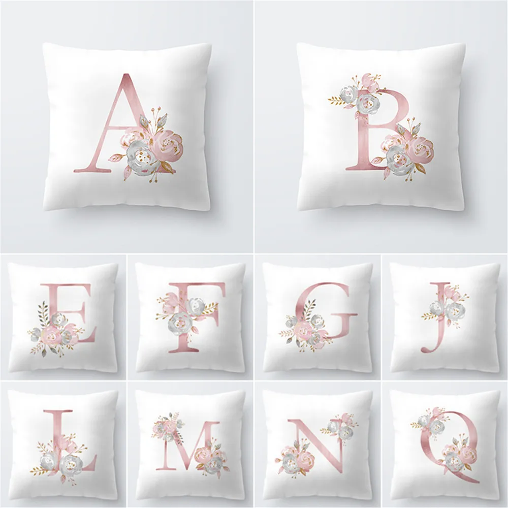 

Flower Printed Pillow Case Cover Square 45cm*45cm Polyester Pillowcase Home Room English Alphabet with 45*45cm Pillow Core