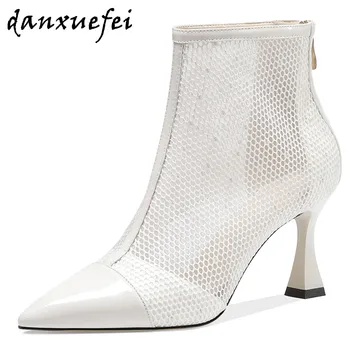 

Women's genuine leather Polka Dot mesh patchwork thin high heel pointed toe summer breathable ankle boots back zip dress shoes