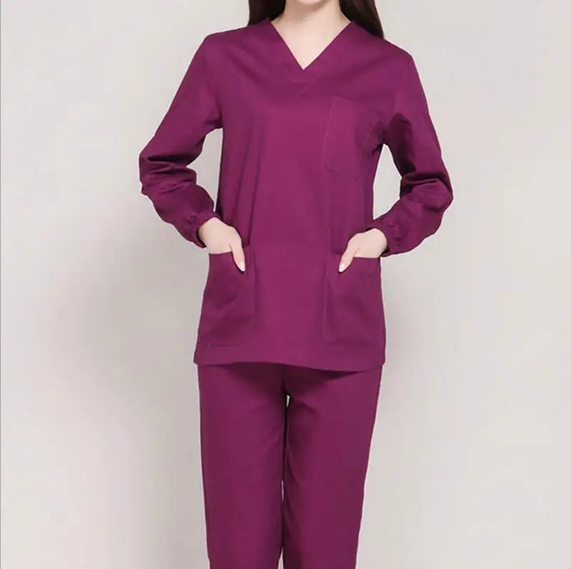 Медицинская форма с длинными рукавами, Женская медицинская одежда, форма медсестры, комплект одежды, стоматологическая клиника медсестра, хирургический костюм, брюки, топы - Цвет: Фиолетовый