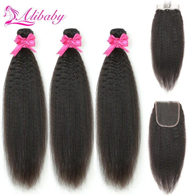 $US $47.72  Alibaby Brazilian Hair Kinky Straight Human Hair NonRemy 3 Bundles With Closure Natural Color Swiss