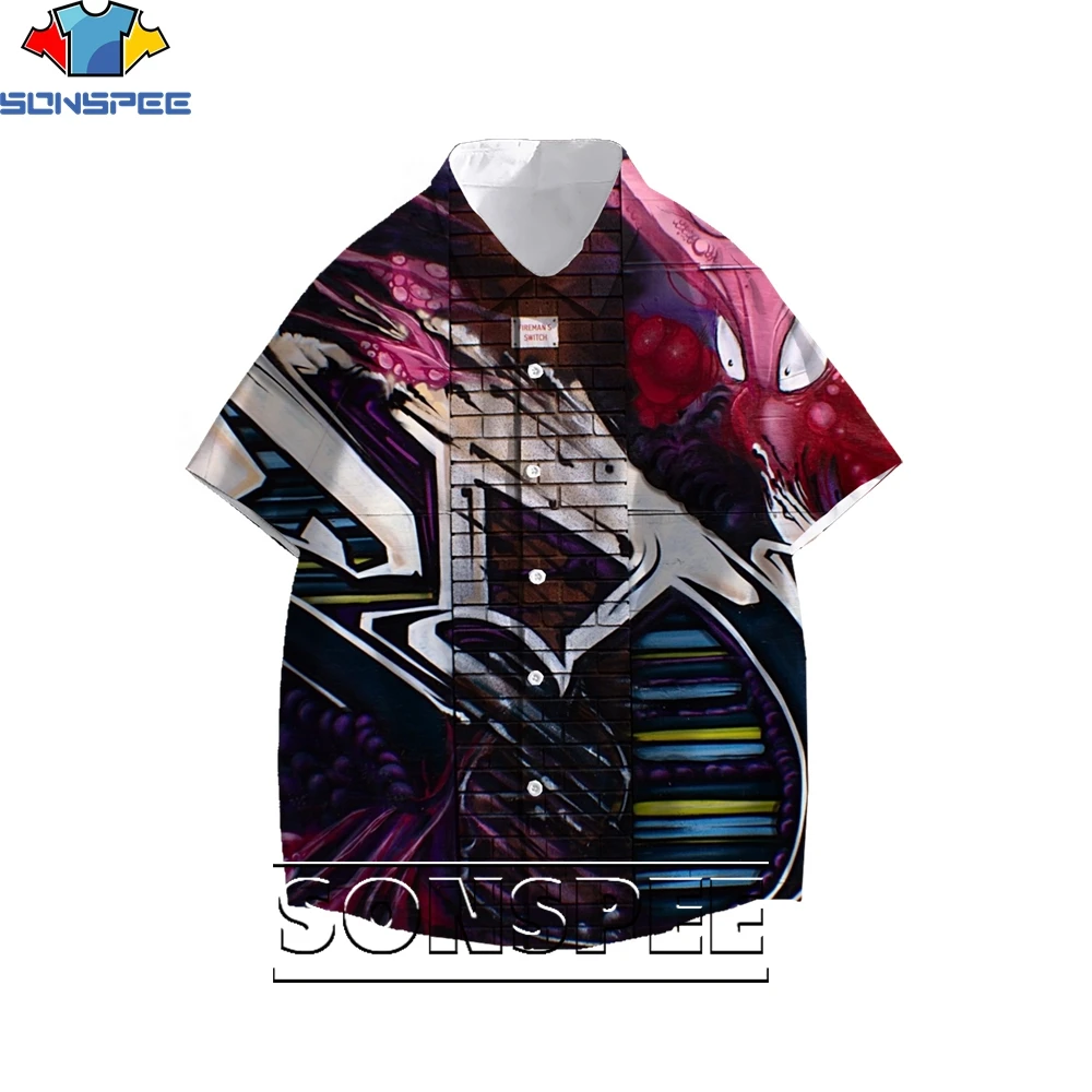 SONSPEE 3D Printing Graffiti Abstract Men's Hawaiian Shirts Ladies Fun Blouse Loose Power Casual Trend Personality Harajuku