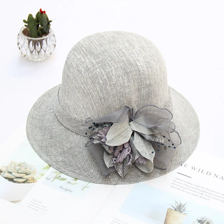 Female Summer Sun Protection Hat New Cotton Linen Visor Cap Korean Version Flower Hats Travel Cool Anti-UV Fisherman Caps H6542 - Цвет: Серый