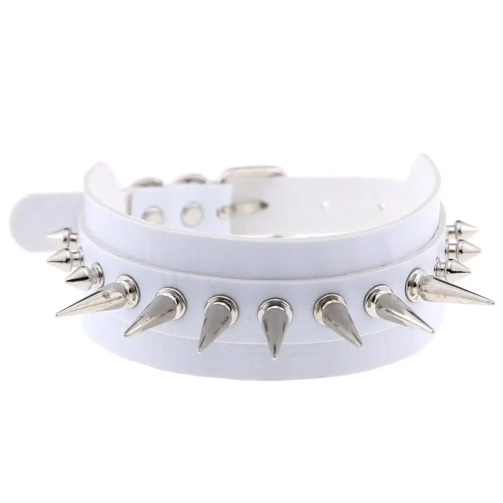 KMVEXO Punk Rock Gothic Leather Chokers for Women Mens Silver Spike Rivet Stud Collar Choker Necklaces Statement Anime Jewelry - Окраска металла: White