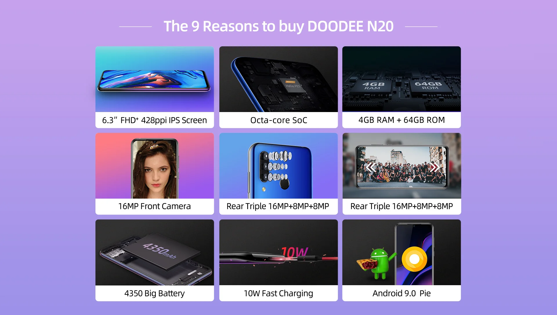 DOOGEE N20, новинка, смартфон, 6,3 дюймов, FHD+ дисплей, 4350 мАч, 4 Гб+ 64 ГБ, четыре ядра, 10 Вт, зарядка, отпечаток пальца, 16 МП, тройная задняя камера