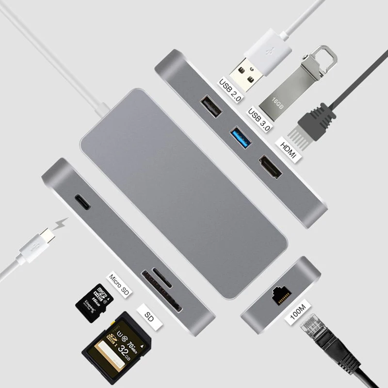 Type C USB C концентратор 7 в 1 многопортовый USB 3,1 type C к HDMI USB 3,0 RJ45 SD кард-ридер PD зарядный адаптер конвертер для Mac