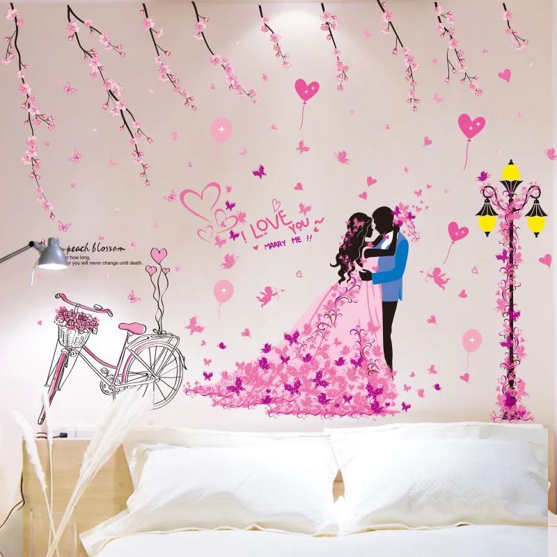 

[SHIJUEHEZI] Bride and Groom Wall Stickers DIY Flowers Bicycle Street Light Mural Decals for Living Room Bedroom Decoration