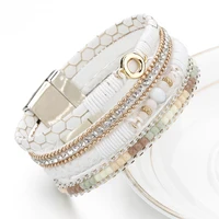 Amorcome White Leather Bracelets for Women Rhinestone Crystal Metal Charm Wide Multilayer Wrap Bracelets & Bangles Jewelry