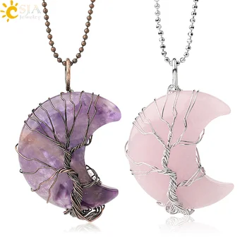 

CSJA Half Moon Natural Stone Pendant Silver Color Tree of Life Antique Copper Wire Wrap Crystal Pendants Necklace Women Men G523