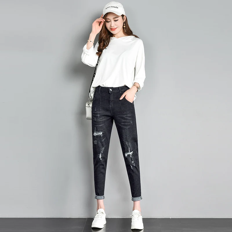 Black Jeans Women Fashion Ripped Jeans Boyfriends Pants Ankle Length Casual Streetwear Trousers Ladies Pocket Denim Pants