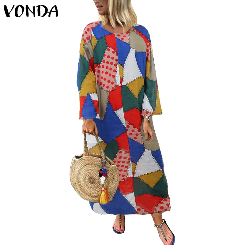 VONDA осеннее длинное платье для беременных с длинными рукавами и круглым вырезом, винтажное платье с принтом, богемные вечерние платья, пляжный сарафан Vestido