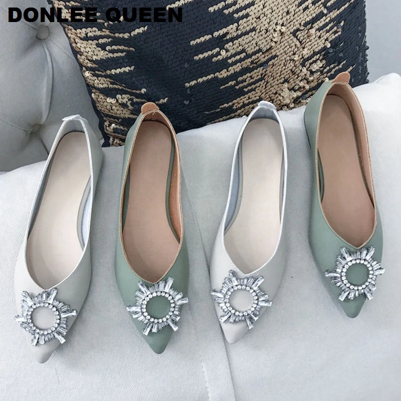 

Women Flats Shoes Rhinestone Metal Buckle Pointed Toe Flat Ballet Shoes Women Slip On Casual Loafer Soft Ballerina zapatos mujer