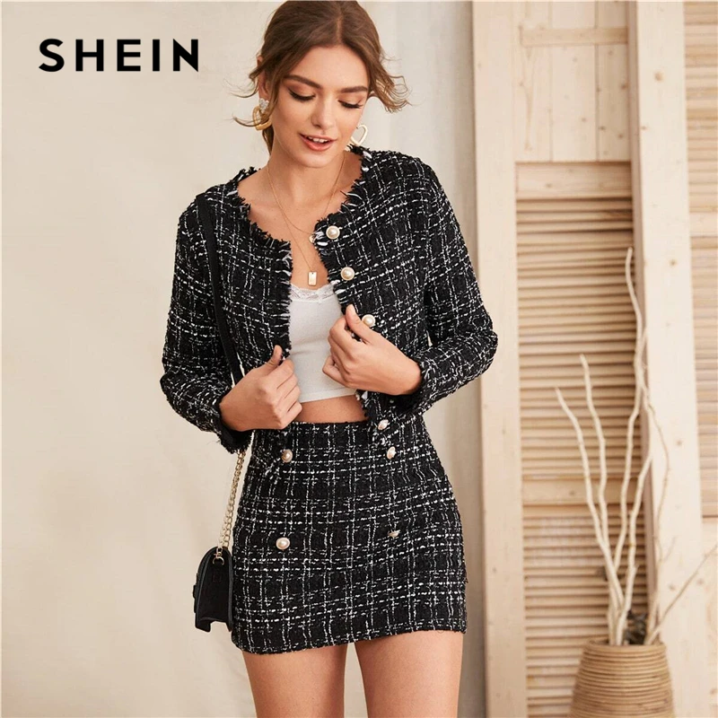 

SHEIN Black Raw Trim Tweed Crop Jacket and Button Detail Skirt Set Women Spring Elegant Two Piece Sets Slim Fitted Outfits