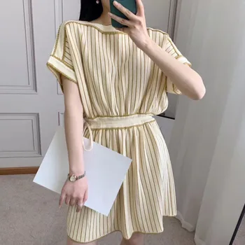 

Women Gold-Striped KnittedShort Dress Lace-up High Waist Short Sleeve Mini Dresses