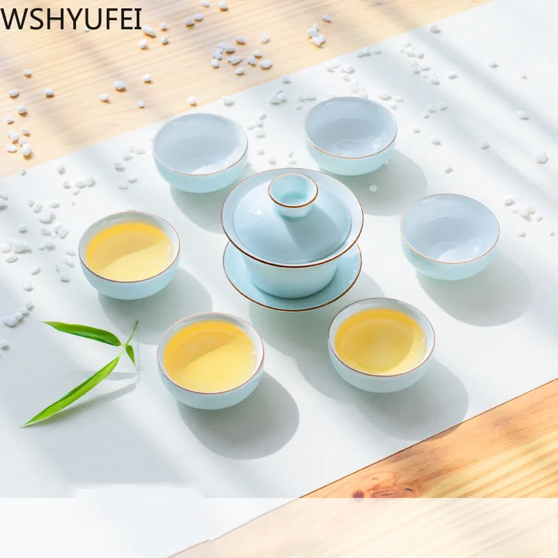 Стильный чайный сервиз Celadon, чайный горшок кунг-фу, чашка с крышкой, удобный чайный сервиз для путешествий, Офисная Питьевая утварь WSHYUFEI