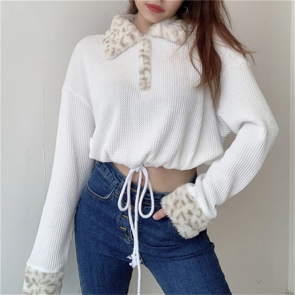 Sexy Leopard Lapel Collar Long Sleeve Crop Top