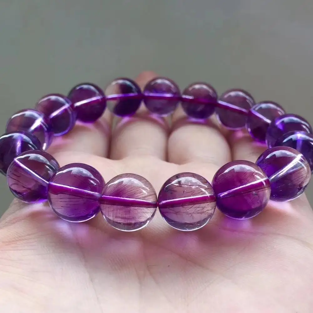 

12.5mm Natural Purple Rutilated Quartz Super Seven 7 Crystal Clear Round Beads Bracelet Women Men AAAAAA Certificate