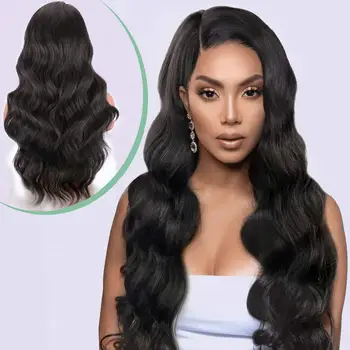 

28 Inches Long Wavy Synthetic Wigs for Women hair Natural Black Color Body Wave Natural Looking Right Side Parting Wig