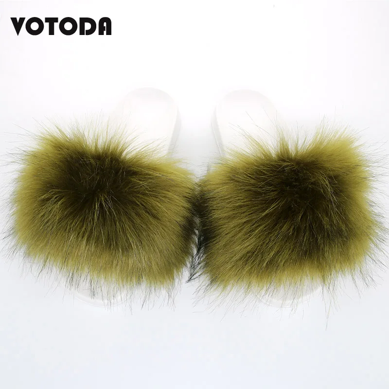 VOTODA; женские меховые тапочки; зимние теплые домашние тапочки; тапочки с искусственным мехом; меховые Вьетнамки; плюшевая обувь; пушистые женские шлепанцы с мехом енота - Цвет: Green-white sole