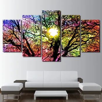 

5 Panel Canvas Art Colorful Sun Tree Modern Modular Pictures Canvas Wall Art Canvas Painting