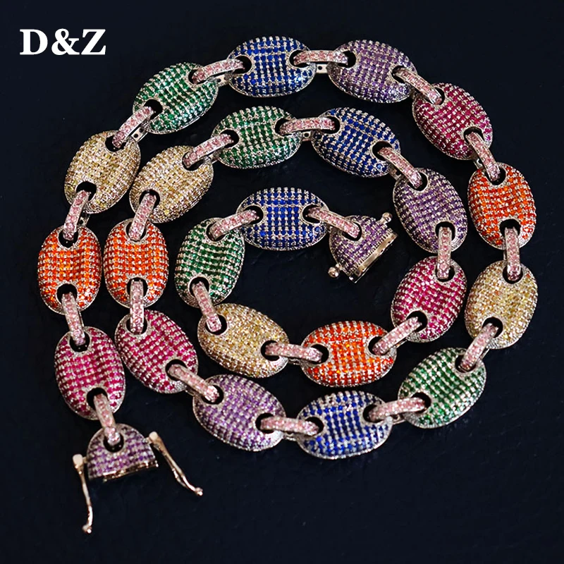

D&Z 11mm Coffee Beans Link Chain Iced Out Bling Colorful CZ Solid Back Cuban Link Chain Necklace For Male Hip Hop Jewelry