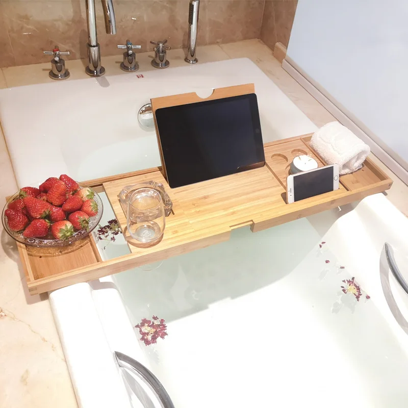 Adjustable Home Spa Wooden Bath Tray Bamboo Handmade Bathtub Caddy Organizer Rack Bathroom Accessories Bathtub Rack Stand Holder