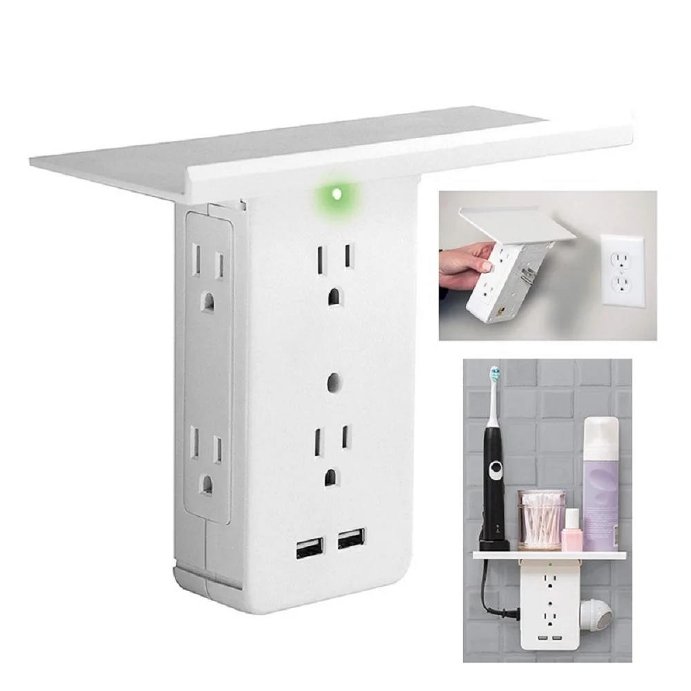 

Hot Sale US Plug Switch Rack Socket Six Electrical Outlet Extenders Double USB Charging Removable Built-In Shelf Plugs