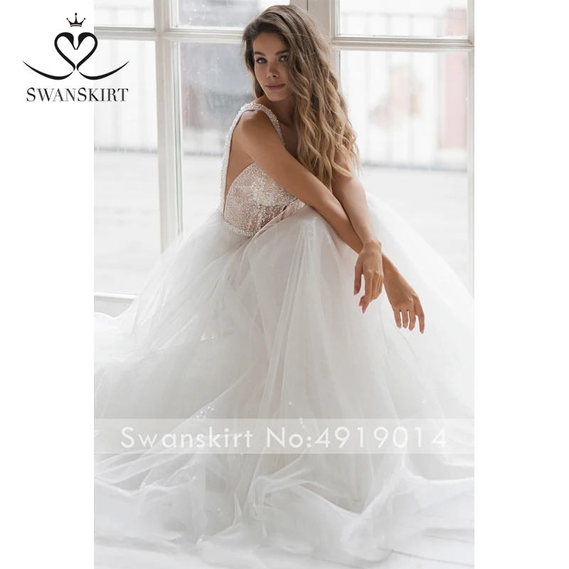 Фея бисером тюль свадебное платье Swanskirt NR11 v-образным вырезом Иллюзия шифон A-Line спинки суд Поезд свадебное платье Vestido De Noiva