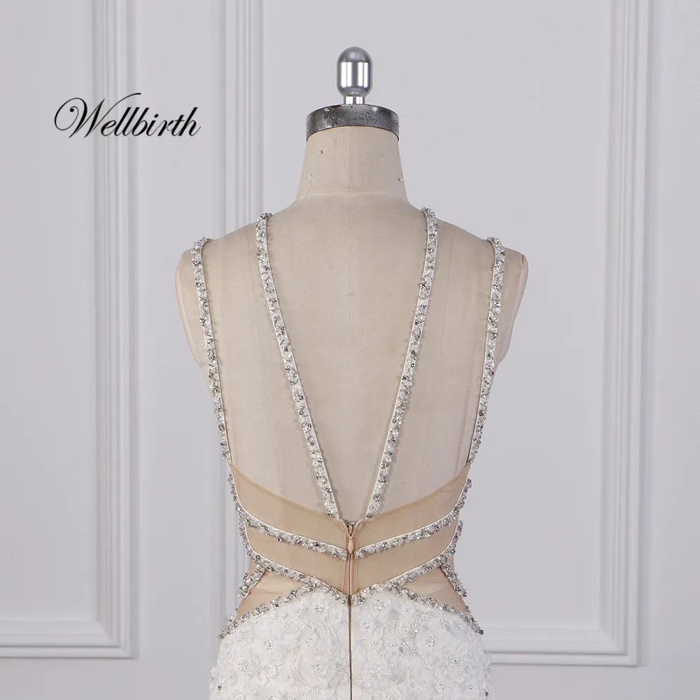 Реальное изображение Wellbirth Vestido de novia v-образный вырез tull молния сзади Русалка свадебное платье с коротким рукавом свадебное платье JC016