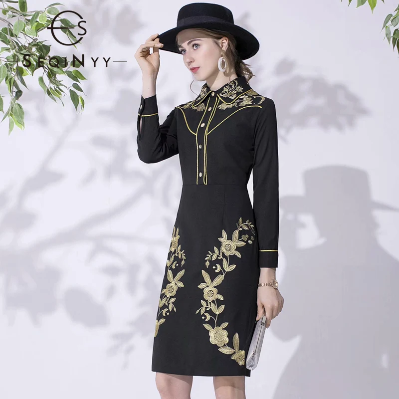 

SEQINYY Black Dress 2020 Autumn Winter New Fashion Design Golden Flowers Embroidery Sheath Knee Dress Women