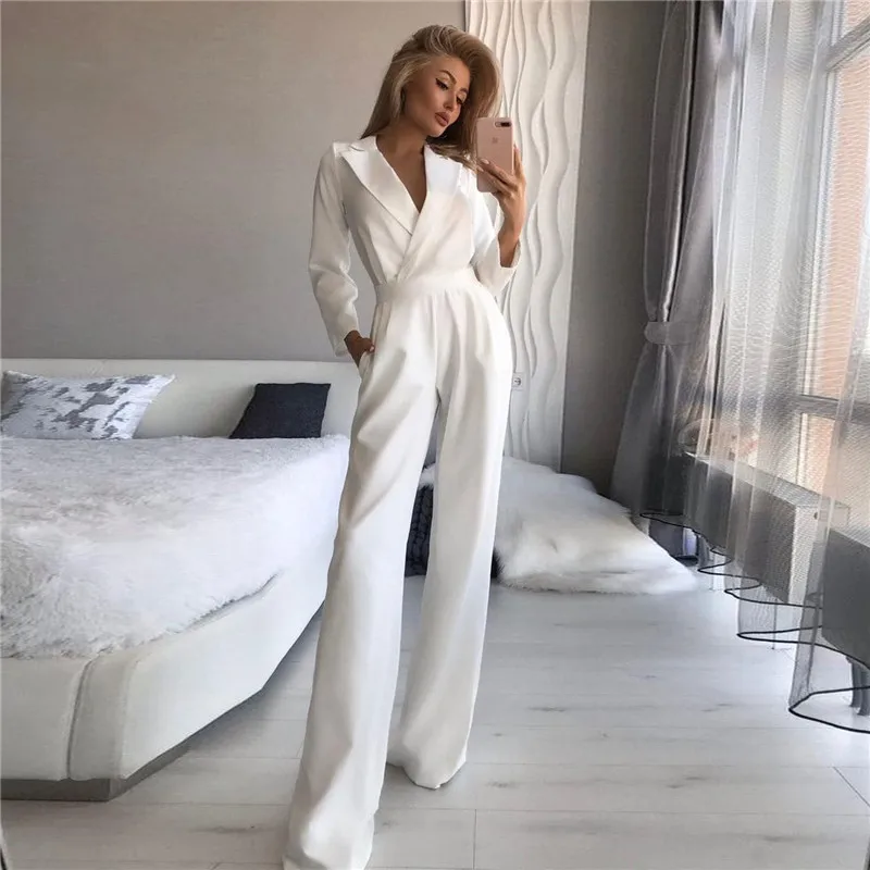 

Elegant Simple Jumpsuit Wedding Dress 2022 For Female Deep V-Neck Full Sleeves Illusion Stain Pantsuit Bride Vestidos De Noiva