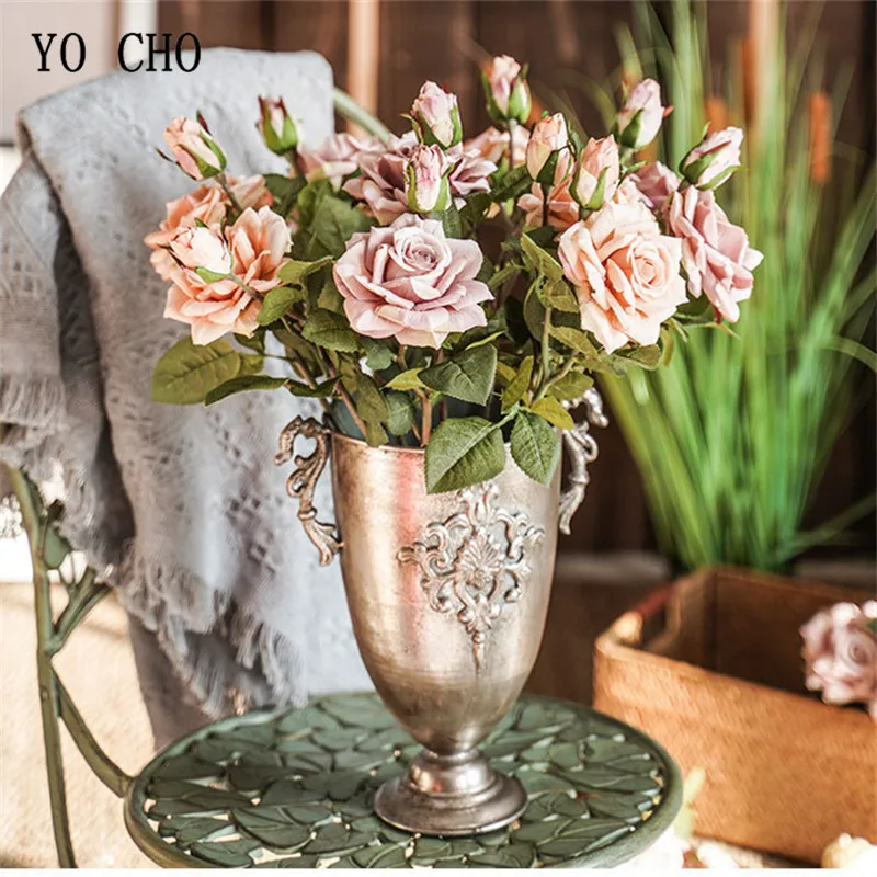 YO CHO-Vintage Flores De Seda Artificiais, 2 Cabeças, Rosas Grandes, Filial De Flor Falso, Peônia Branca, Outono, Casamento, Casa