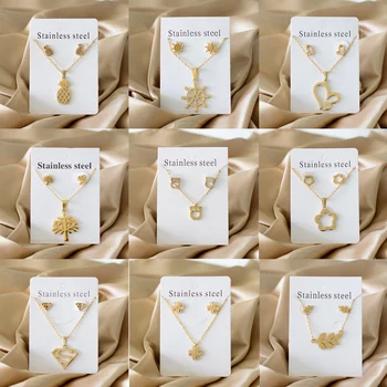 серьги Animals Plants Flowers Butterfly Pendant necklace earrings Sets Stainless Steel For Women Gold Color 2021 Trendy Wholesal