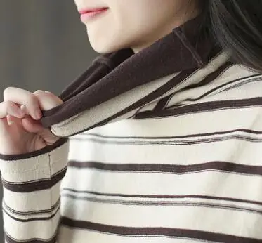 Бежевый Autumn Striped Sweater Women Fashion Knitting Loose Turtleneck Long Sleeve Fashion Pullovers Sweater Vintage Casual Coat - Цвет: Бежевый