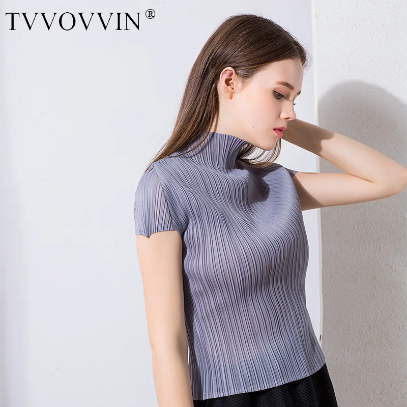 Tvvovwin Новая летняя плиссированная тонкая стильная женская одежда винтажное, с рукавами до локтя водолазка короткая футболка женская AS962