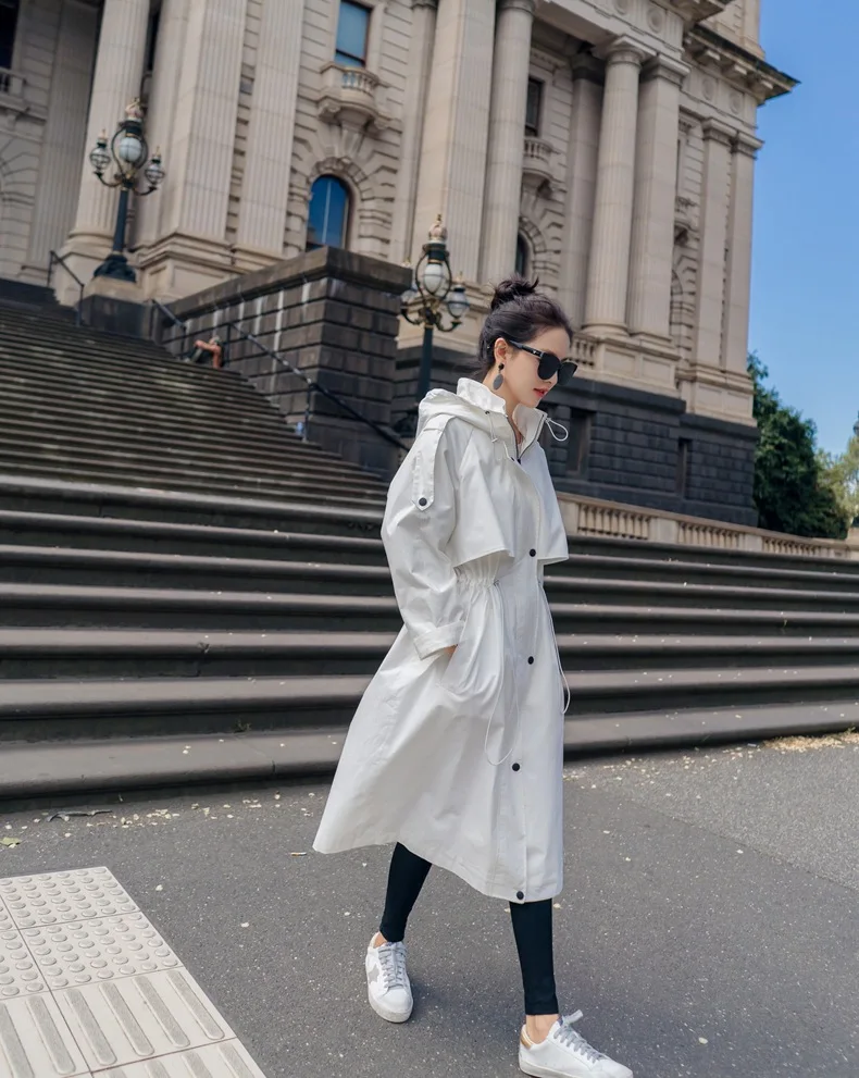 Осенний стиль Южная Корея женское платье-стиль винтаж красивый шнурок Slim Fit похудение белый плащ с капюшоном