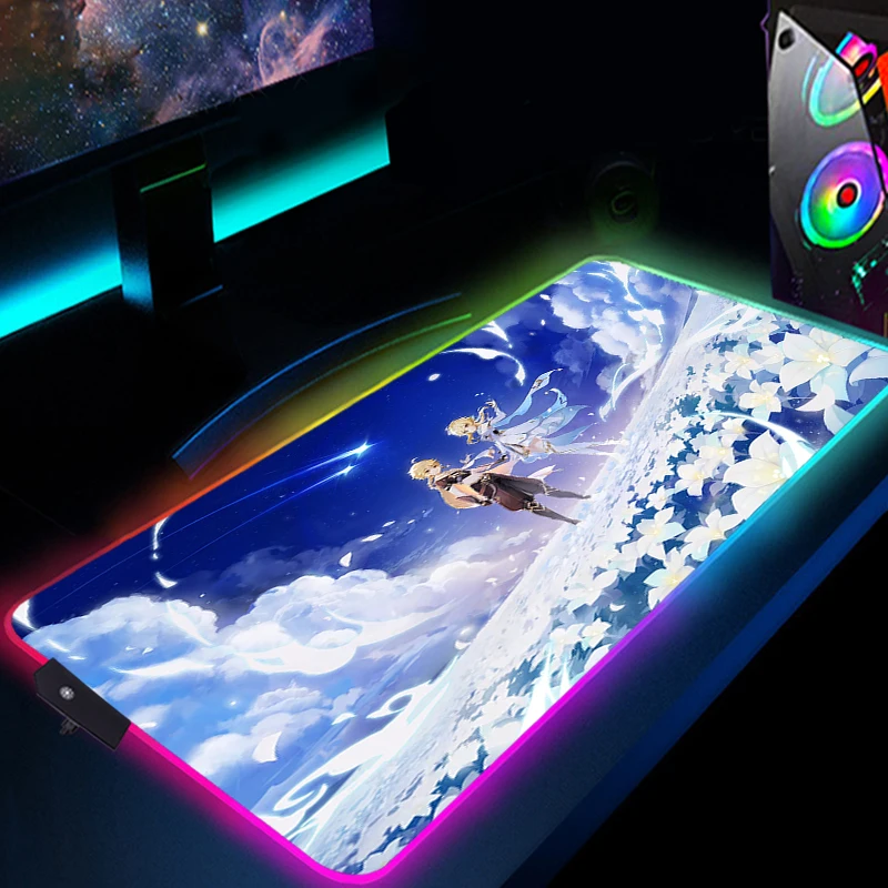

RGB Genshin большой ударный коврик для мыши 900x400, коврик для игрового компьютера, коврик для мыши со светодиодной подсветкой и клавиатурой, Насто...