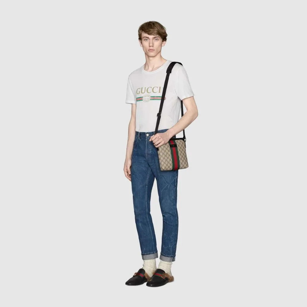 Люксовый бренд Gucci веб GG Supreme плоская мужская сумка-мессенджер через плечо Повседневная холщовая кожаная сумка 471454 KHNGN 9692