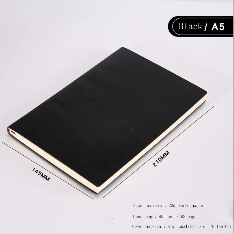 A5 Black A5, A6, B5, три размера, 4 стиля, 5 цветов, большой деловой ежедневник, кожаный мягкий блокнот, увеличивающий рост, толстый блокнот - Цвет: A5 Black