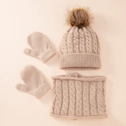 3Pcs Winter Soft Baby Hat Scarf Gloves Set Cartoon Big Pompom Newborn Bonnet Hat Outdoor Warm Kids Infant Hat Neckchief Mittens