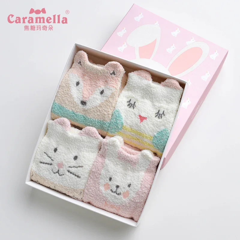 Caramella 4Pairs New Winter Fleece Kids Socks Cute 3D Ear Animal Thick Warm Socks Baby Girl Boy Funny Happy Socks Gift Box Set - Цвет: 562674