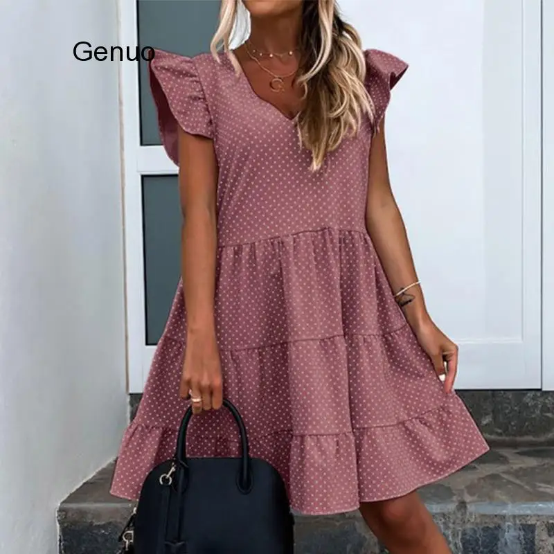 

2020 Summer Polka Dot Women Dress Casual Short Butterfly Sleeve A-Line Sundress Sexy V-Neck Ruffle Beach Party Dresses Vestidos