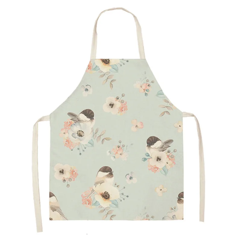 Imixlot Women Kitchen Apron Flower and Bird Theme Pattern Waterproof Linen Apron Sleeveless Waist Bib
