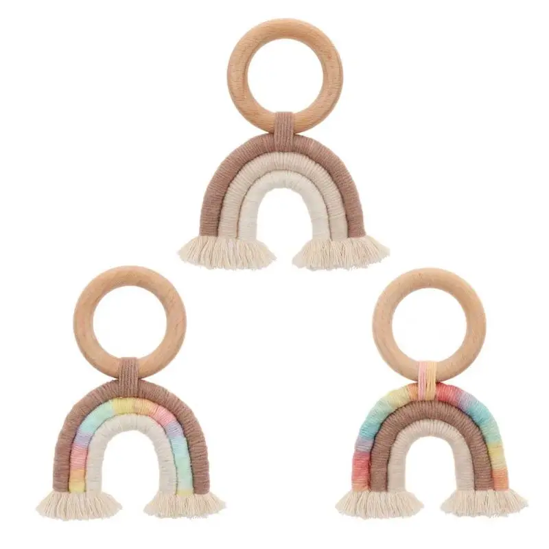 Детское кольцо для прорезывания зубов Радужная кисточка макраме деревянная Boho s коляска подарок украшения игрушки подарок для душа прорезыватели