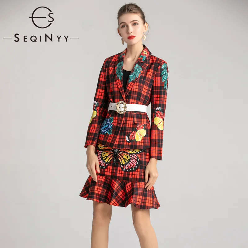 

SEQINYY Women Set 2020 Spring Autumn New Fashion Design Blazer White Belt + Mini Skirt Red Plaid Butterfly Printed Suit