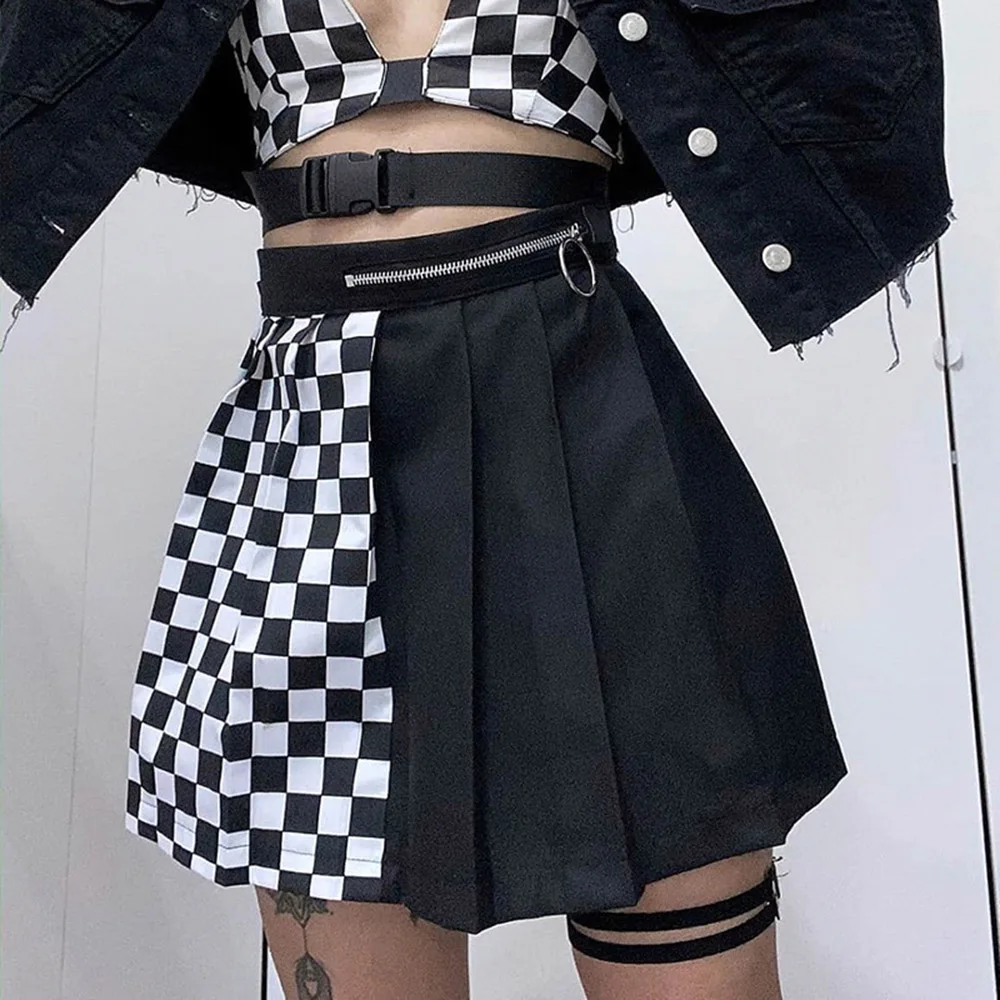 

Gothic Skirt Fashion Diablo Western Style Personality Lattice Contrast Splicing Pleated High Waist Zipper Short Skirt