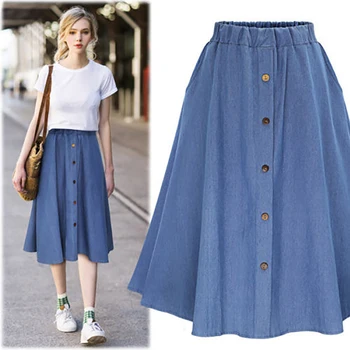 

Summer Denim Skirts Womens Classic Pleated Knee Length Jeans Skirt Sweet Solid Casual Button Long Skirt Women Loose Skirts