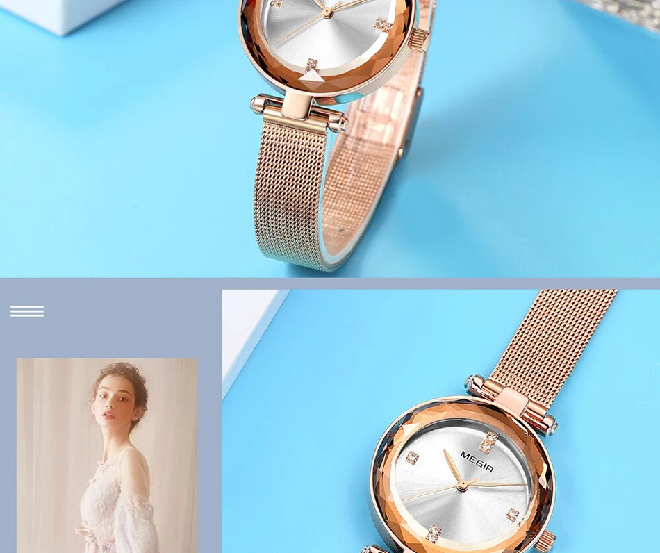 Reloj Mujer Лидирующий бренд MEGIR женские часы RoseGold Relogio Feminino Роскошные сетчатые часы-браслет женские часы