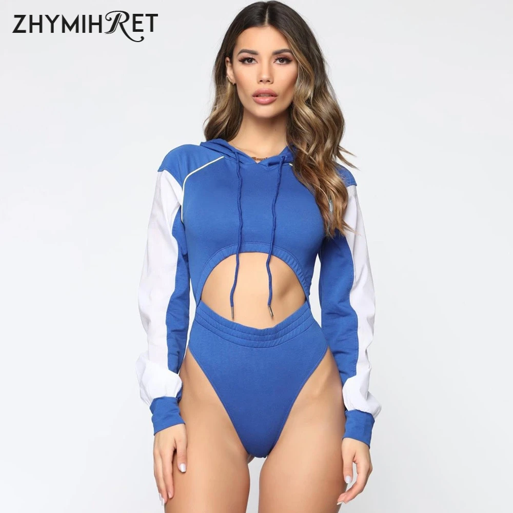 

ZHYMIHRET Casual Reflective Hollow Out Hooded Bodysuit 2019 Autumn Contrast Color Female Jumspuit Women Jogging Romper