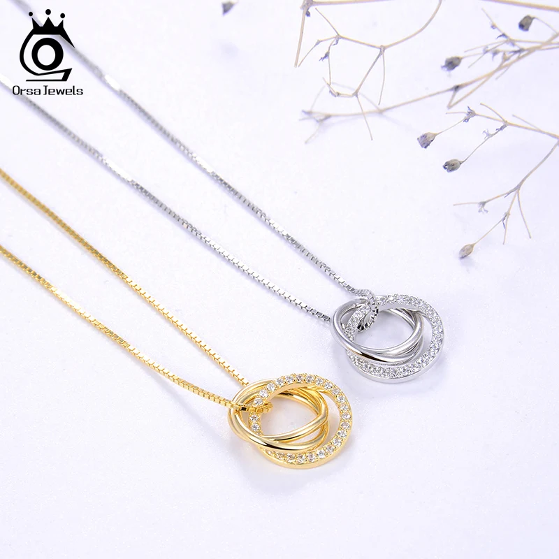 Silver Necklace ORSA JEWELS Trendy Simple Necklace 925 Sterling Silver Women Necklaces With 3 Big Circle AAAA Zircon Jewelry Wedding Gift OSN175