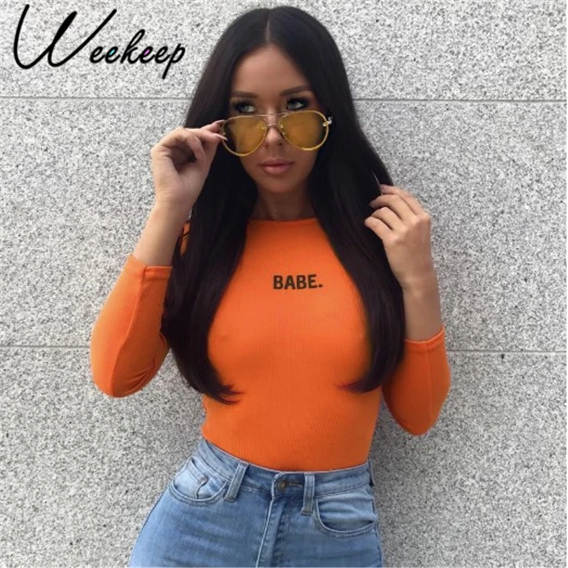 Женское боди с длинным рукавом Weekeep Babe осенне зимнее сексуальное облегающее